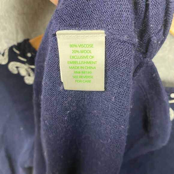 Lilly Pulitzer April Navy Blue Embroidered Tunic Sweater Top Size Medium Wool - Picture 5 of 7